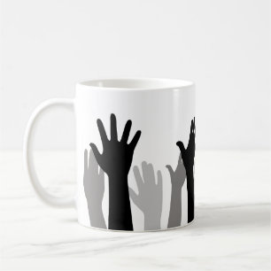 Raised hands silhouette, hand raising, protest coffee mug