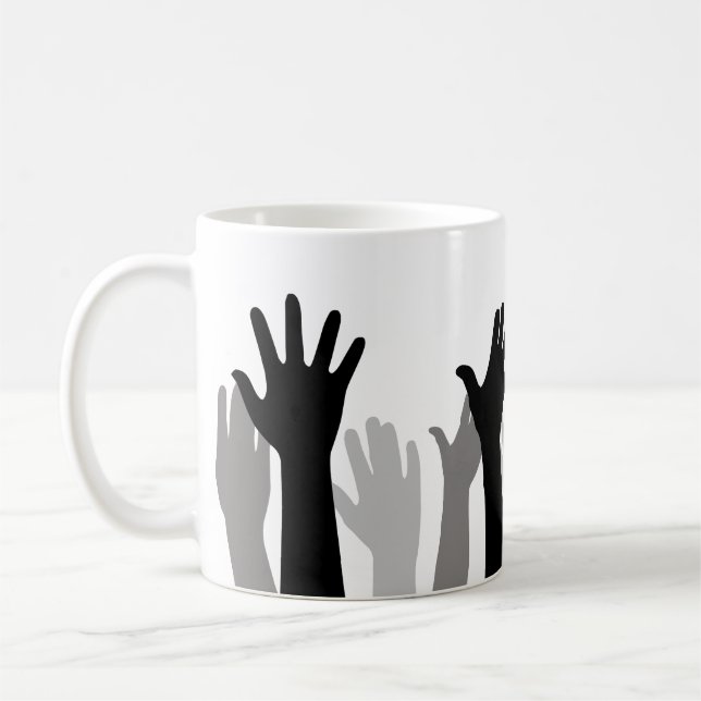Raised hands silhouette, hand raising, protest coffee mug (Left)