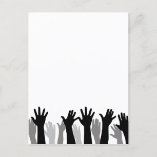 Raised hands silhouette, hand raising, protest holiday postcard