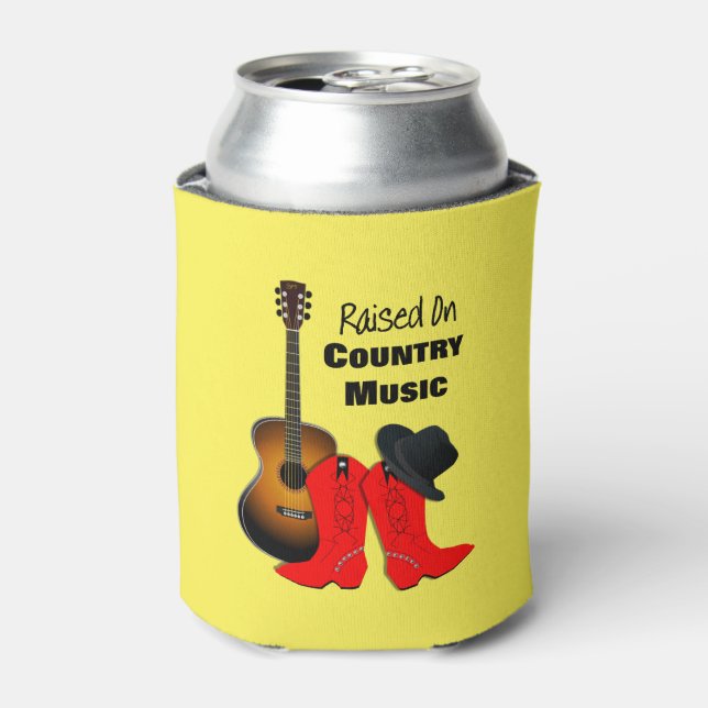 Raised on Country Music Cool Cowgirl Themed Can Cooler (Can Front)