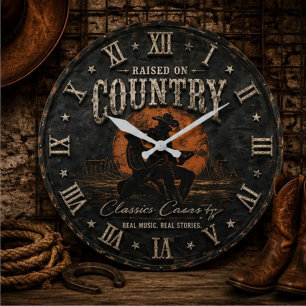 Raised on Country Music Rustic Western Farmhouse Large Clock