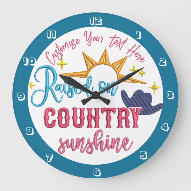 Raised on Country Sunshine Quote Western Cowboy Large Clock (Front)