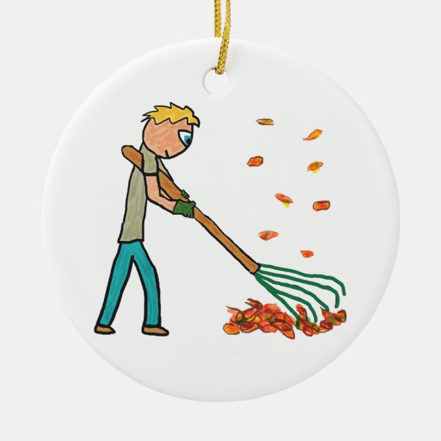Raking Autumn Leaves Ceramic Tree Decoration (Front)