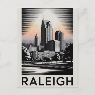 Raleigh North Carolina Skyline Black White Woodcut Holiday Postcard