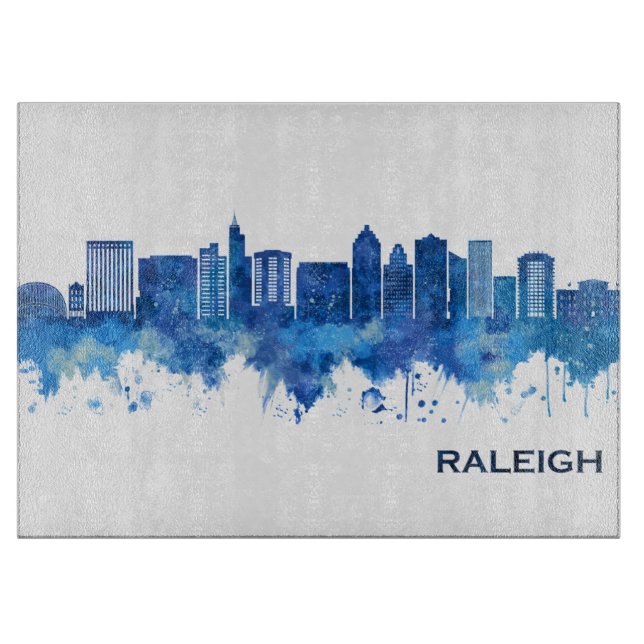 Raleigh North Carolina Skyline Blue Cutting Board (Front)