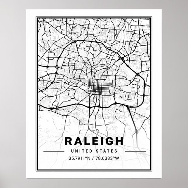 Raleigh North Carolina USA Travel City Map Poster (Front)