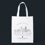Raleigh, North Carolina Wedding | Stylised Skyline Reusable Grocery Bag<br><div class="desc">A unique wedding bag for a wedding taking place in the beautiful city of Raleigh,  North Carolina.  This bag features a stylised illustration of the city's unique skyline with its name underneath.  This is followed by your wedding day information in a matching open lined style.</div>