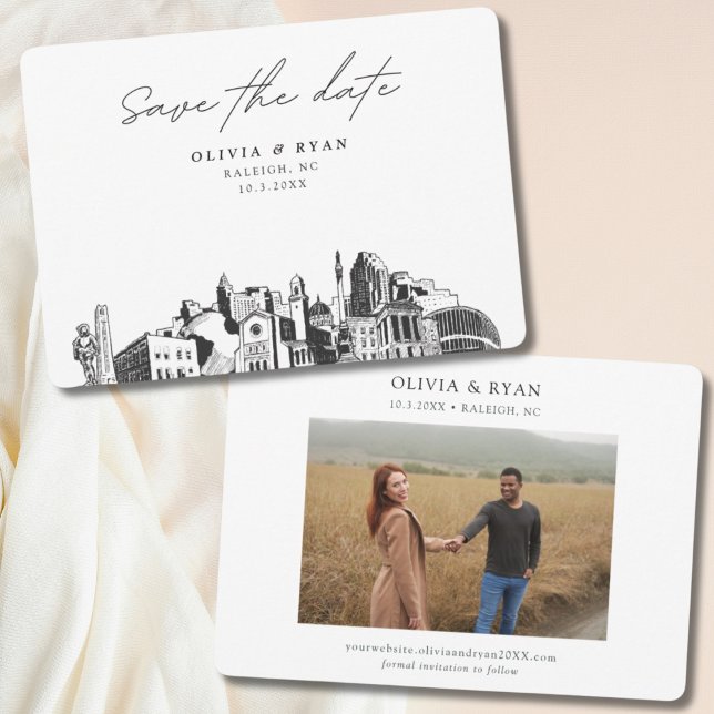 Raleigh Wedding Modern Save the Date Invitation (Raleigh wedding save the date skyline city sketch with engagement photo)