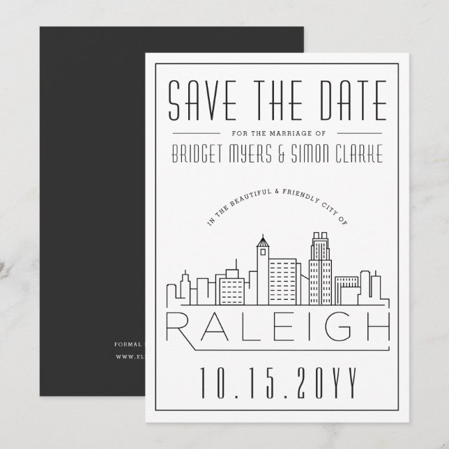 Raleigh Wedding | Stylised Skyline Save the Date Invitation (Front/Back)