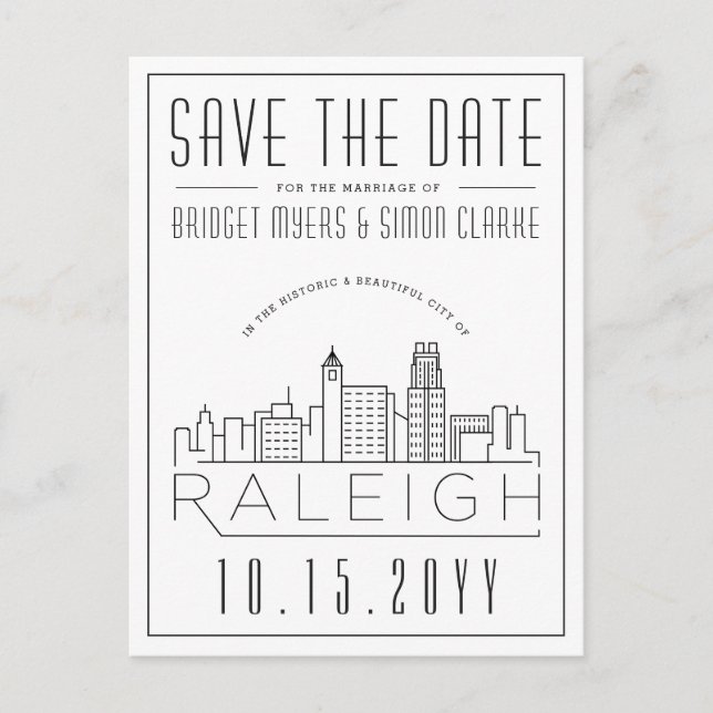Raleigh Wedding | Stylised Skyline Save the Date Postcard (Front)