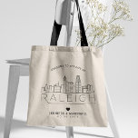 Raleigh Wedding | Stylised Skyline Tote Bag<br><div class="desc">A unique wedding tote bag for a wedding taking place in the beautiful city of Raleigh,  North Carolina.  This tote features a stylised illustration of the city's unique skyline with its name underneath.  This is followed by your wedding day information in a matching open lined style.</div>