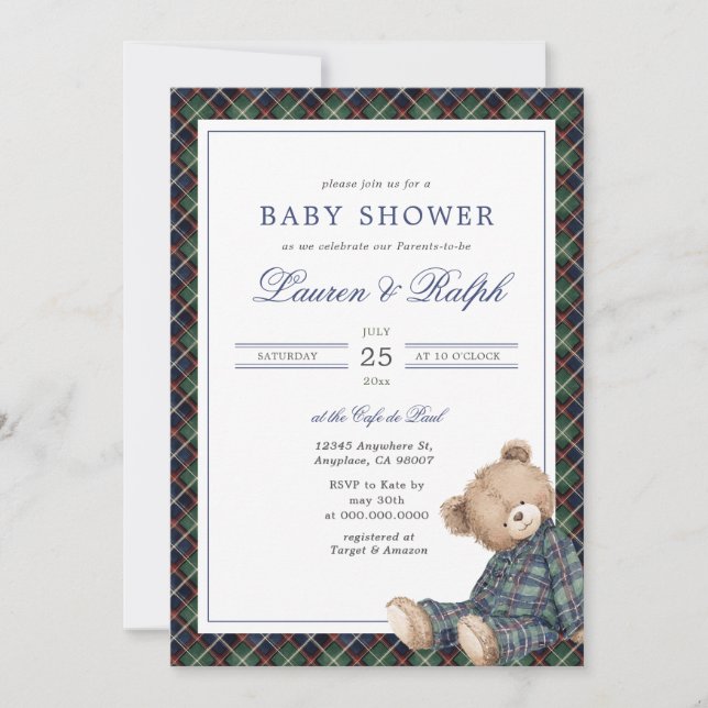 Ralph Plaid Teddy Bear Boy Navy Preppy Baby Shower Invitation (Front)