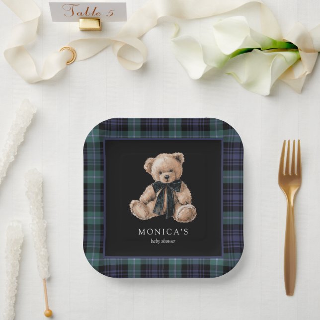 Ralph Teddy Bear Navy Green Plaid Baby Shower Paper Plate (Wedding)