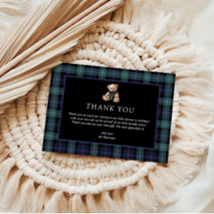 Ralph Teddy Bear Navy Green Plaid Baby Shower Thank You Card
