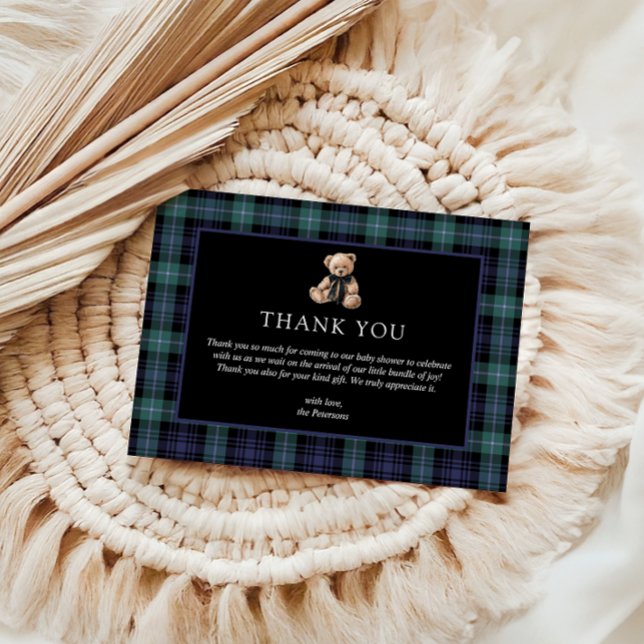 Ralph Teddy Bear Navy Green Plaid Baby Shower Thank You Card (Baby shower thank you card ralph teddy bear plaid tartan)