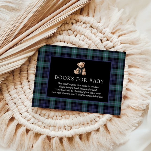 Ralph Teddy Bear Navy Green Plaid Books For Baby Enclosure Card (books for baby ralph teddy bear baby shower)