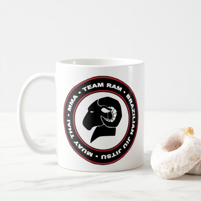 RAM Coffee Mug, Black and Red Logo Coffee Mug (With Donut)