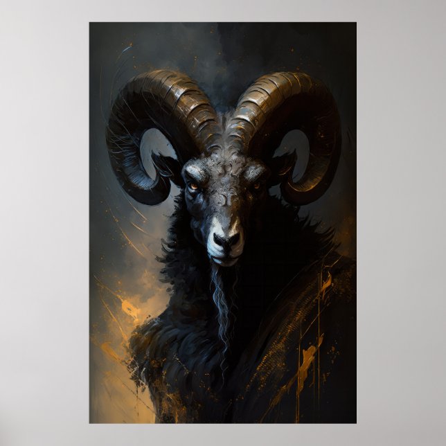 Ram Portrait Animal Nature Wildlife Dark Painting  Poster (Front)