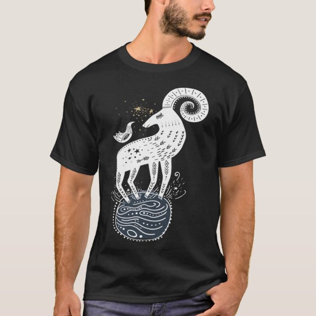 Ram Sheep with Curved Horns Celestial Universe Art T-Shirt (Front)