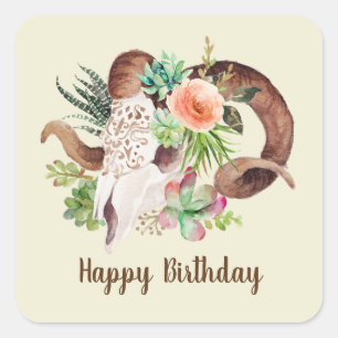 Ram Skull and Succulents Birthday Square Sticker