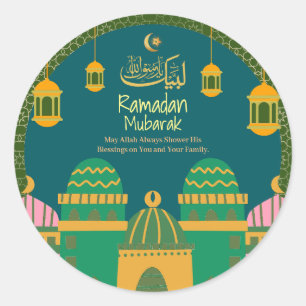 Ramadan Eid Mubarak Golden Calligraphy Green Classic Round Sticker