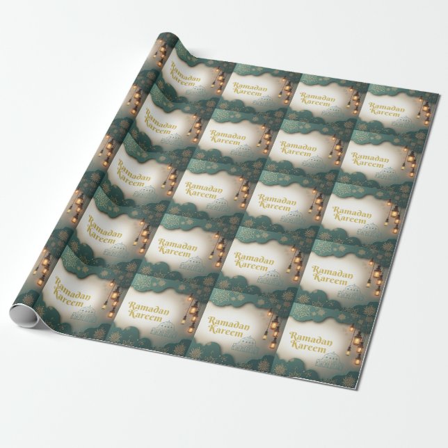 Ramadan Elegance Green & Gold Lanterns and Mosque  Wrapping Paper (Unrolled)