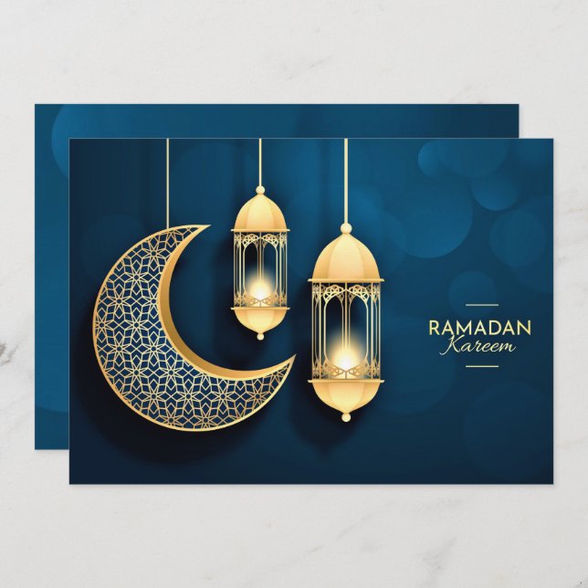Ramadan Kareem Gold Crescent and lantern  Holiday Card (Front/Back)
