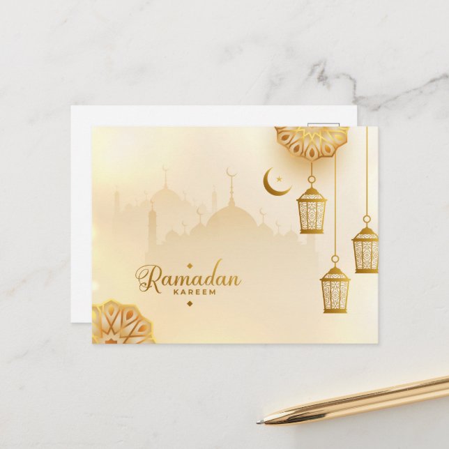 Ramadan Kareem Gold Crescent and lantern Postcard (Front/Back In Situ)