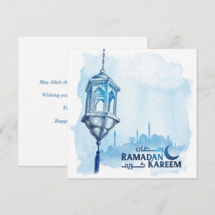 Ramadan Kareem Mubarak Watercolor Blue Mosque Holiday Card