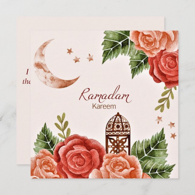 Ramadan Kareem  Watercolor Floral Crescent Lantern Holiday Card (Front/Back)