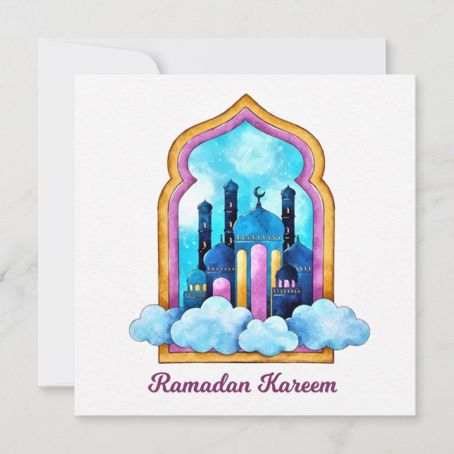 Ramadan Kareem Watercolor Muslim Mosque Holiday Card (Front)