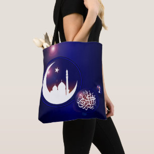 Ramadan Mosque in Crescent Moon with Fanous Blue Tote Bag