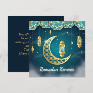 Ramadan Mubarak Blue Gold Crescent Islamic Lantern Holiday Card