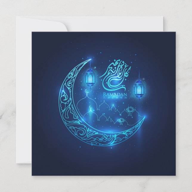 Ramadan Mubarak Crescent Islamic Lantern Blue Holiday Card (Front)