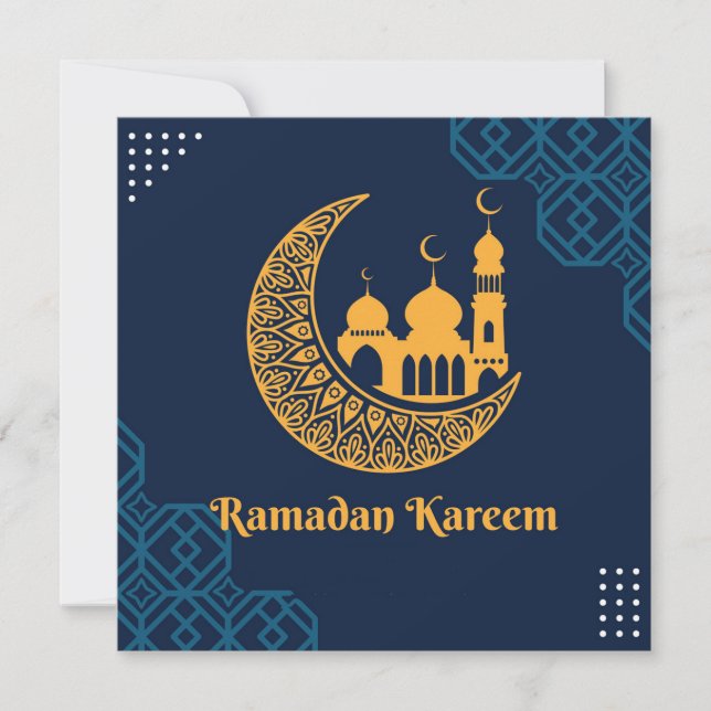 Ramadan Mubarak Crescent Masjid Silhouette Blue Holiday Card (Front)
