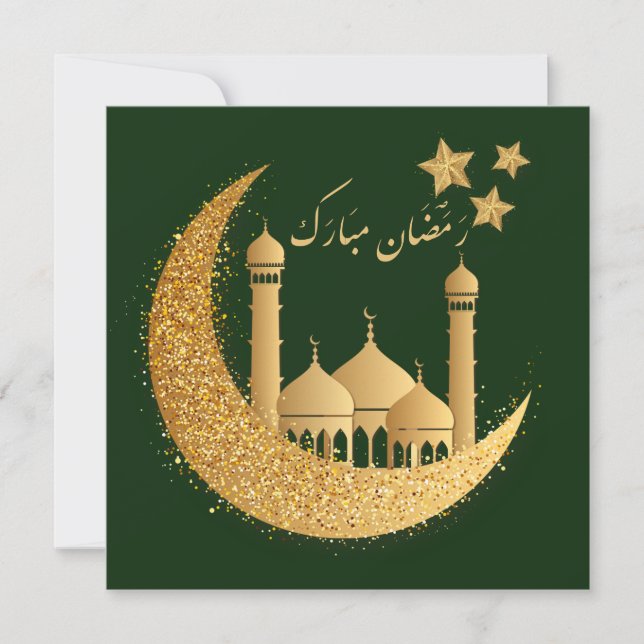 Ramadan Mubarak Crescent Stars Mosque Gold Green Holiday Card (Front)