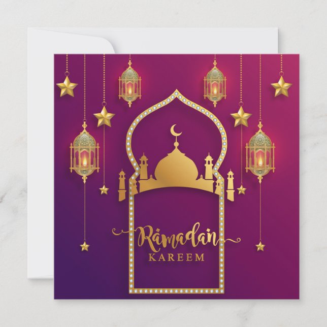 Ramadan Mubarak Gold Mosque Islamic Lantern Purple Holiday Card (Front)