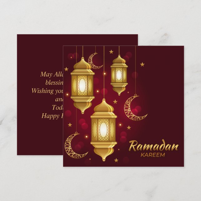 Ramadan Mubarak Golden Cresent Islamic Lantern Red Holiday Card (Front/Back)