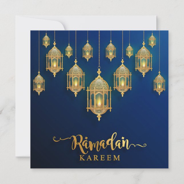 Ramadan Mubarak Golden Islamic Lanterns Blue Holiday Card (Front)