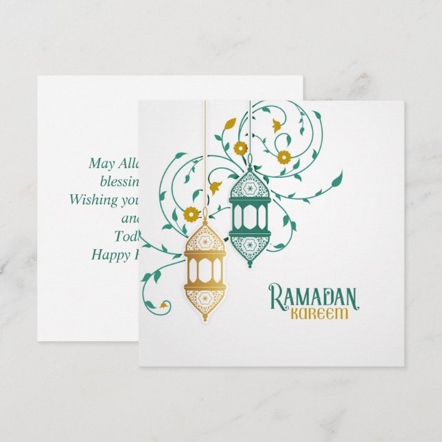 Ramadan Mubarak Golden Teal Islamic Lantern Floral Holiday Card (Front/Back)
