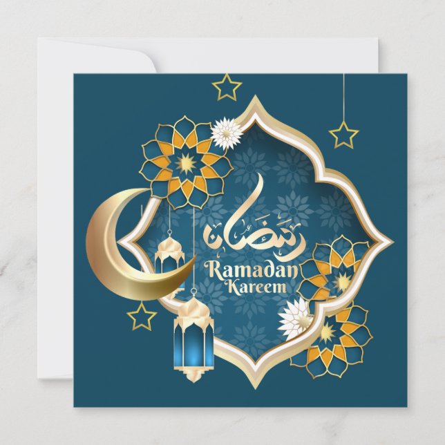 Ramadan Mubarak Islamic Lantern Crescent Star Blue Holiday Card (Front)