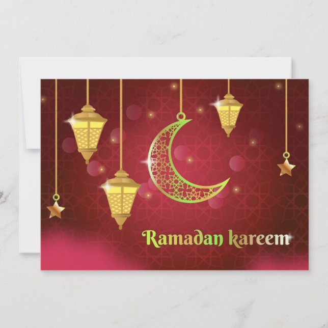 Ramadan Mubarak Islamic Lantern Crescent Star Red  Holiday Card (Front)