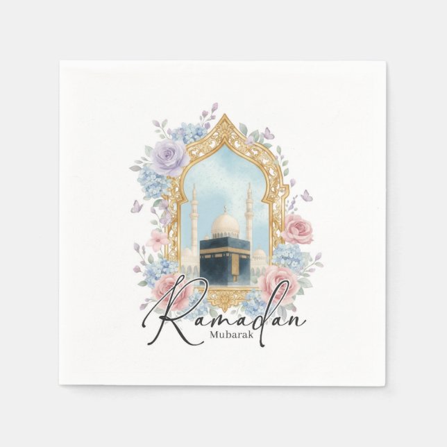 Ramadan Mubarak Kaaba Floral Islamic Party Decor Napkin (Front)