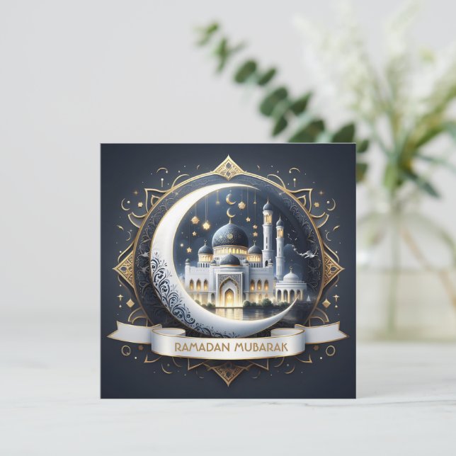 Ramadan Mubarak Muslim Golden Navy Blue Mosque Holiday Card (Standing Front)