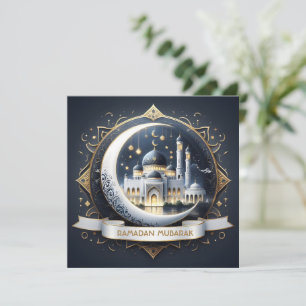 Ramadan Mubarak Muslim Golden Navy Blue Mosque Holiday Card