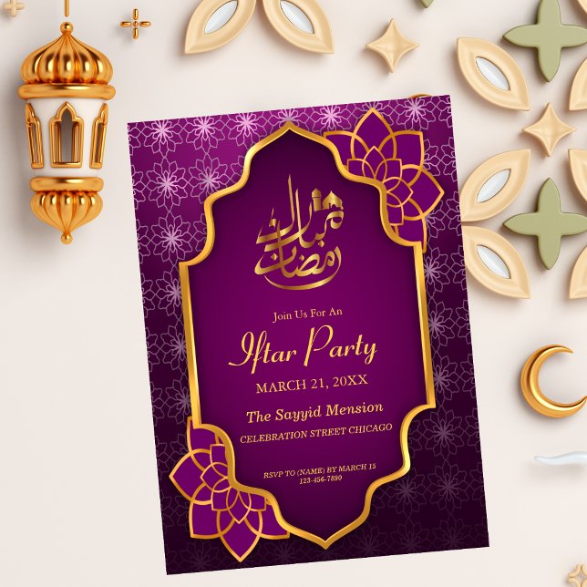 Ramadan Mubarak Purple Golden Floral Iftar Party Invitation (Creator Uploaded)