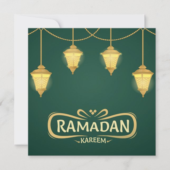 Ramadan Mubarak Shiny Islamic Lantern Green Holiday Card (Front)