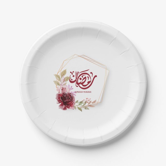 Ramadan Mubarak Watercolor Floral Paper Plate (Front)