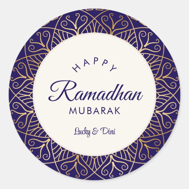 Ramadhan Mubarak Navy and Golden Mandala  Classic Round Sticker (Front)