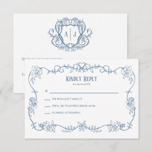 Rambling Rose Blue Vintage Wedding Invitation, RSVP Card